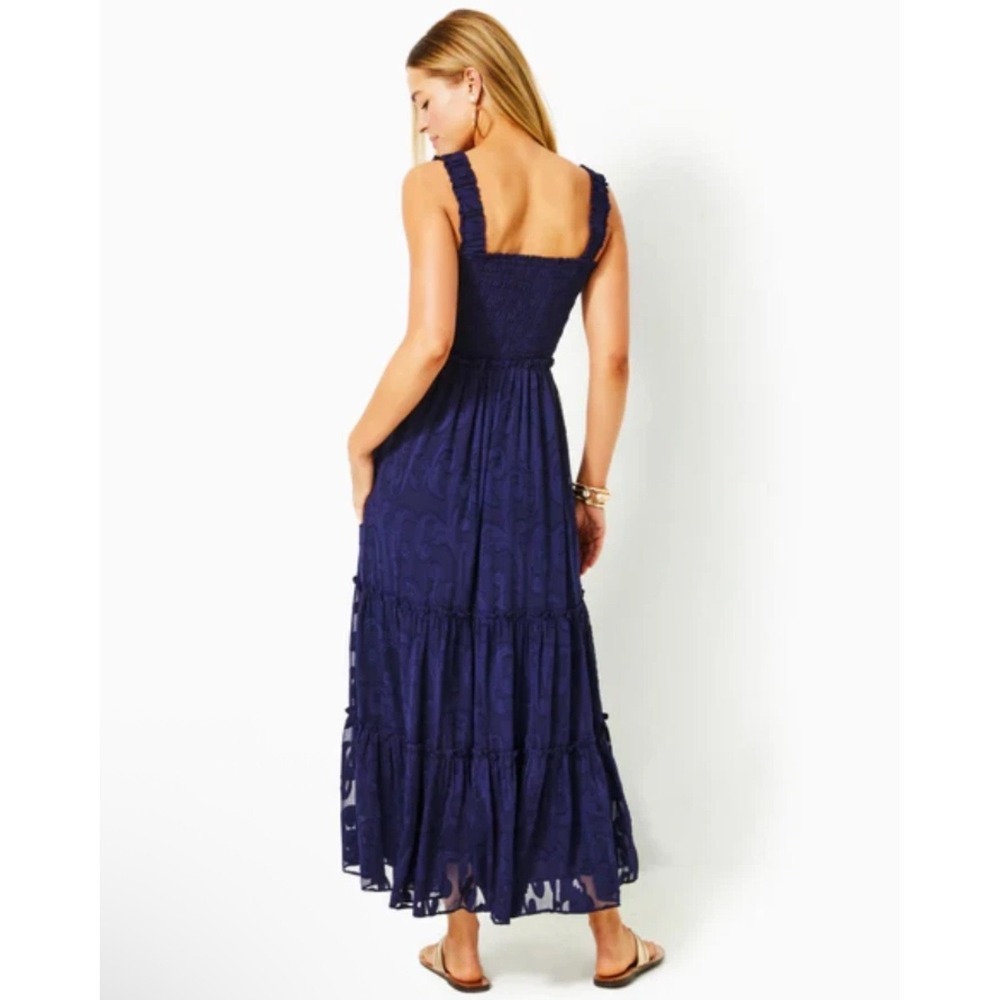 Lilly Pulitzer Hadley Smocked Maxi  Dress Small Navy Blue Paisley Preppy Tiered - Picture 3 of 12